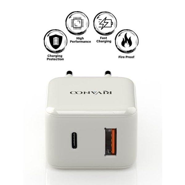 Snabbladdare USB-C 20W med Power Delivery och extra USB-port med USB-A til Lightning kabel 1m