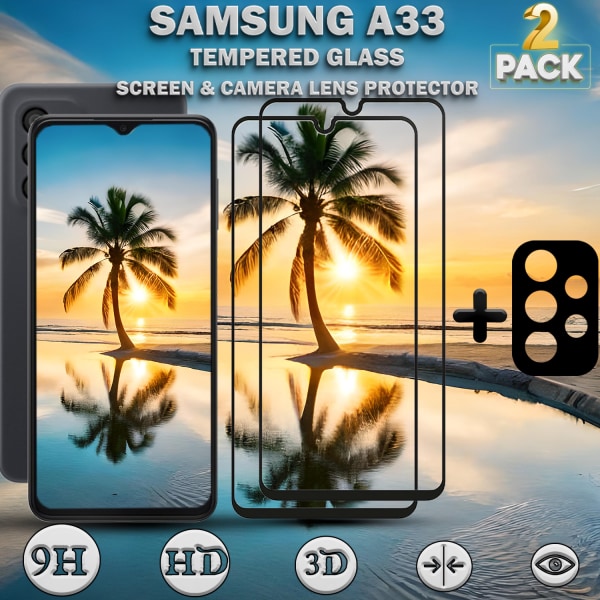 2-Pack Samsung A33 Skärmskydd & 1-Pack linsskydd - Härdat Glas 9H - Super kvalitet 3D