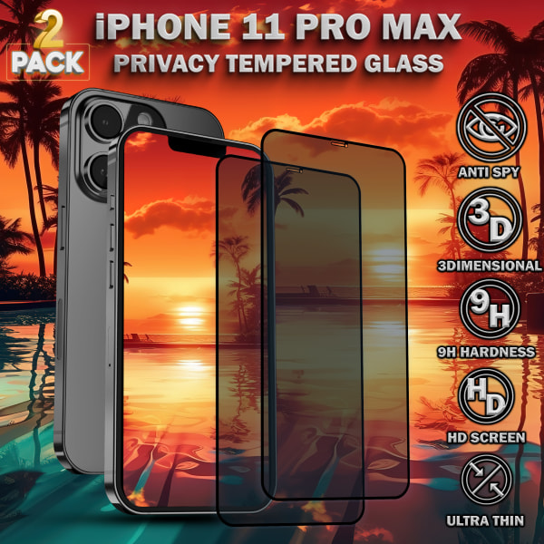 2-Pack Privacy Skärmskydd For iPhone 11 Pro Max - Härdat Glas 9H - Super Kvalitet 3D