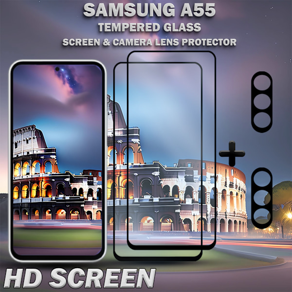 2-Pack SAMSUNG A55 Skärmskydd & 2-Pack linsskydd - Härdat Glas 9H - Super kvalitet 3D