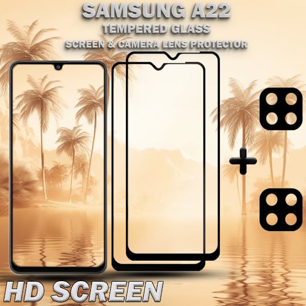 2-Pack SAMSUNG A22 Skærmbeskyttelse & 2-Pack linsebeskyttelse - Hærdet Glas 9H - Super kvalitet 3D