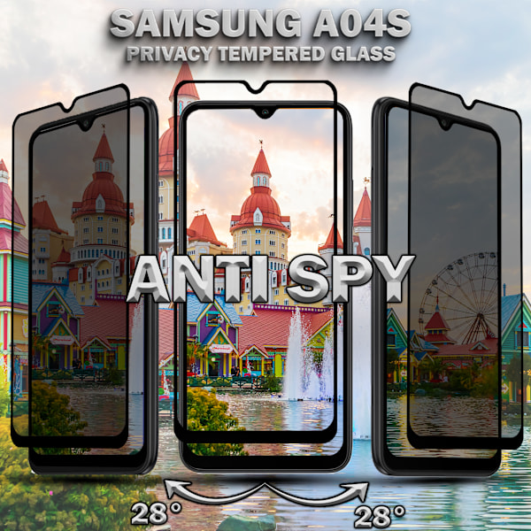 2-Pack Privacy Samsung A04S Skärmskydd & 1-Pack linsskydd - Härdat Glas 9H - Super kvalitet 3D