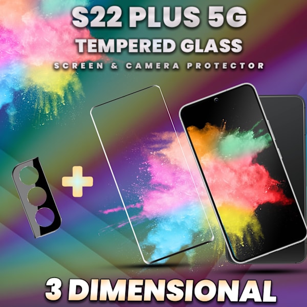 1-Pack SAMSUNG S22 PLUS Skærmbeskyttelse & 1-Pack linsebeskyttelse - Hærdet Glas 9H - Super kvalitet 3D