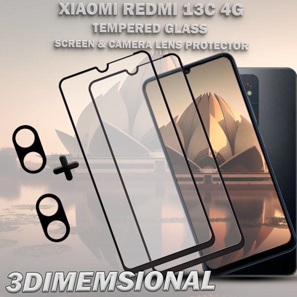 2-Pack XIAOMI REDMI 13C 4G Skärmskydd & 2-Pack linsskydd - Härdat Glas 9H - Super kvalitet 3D