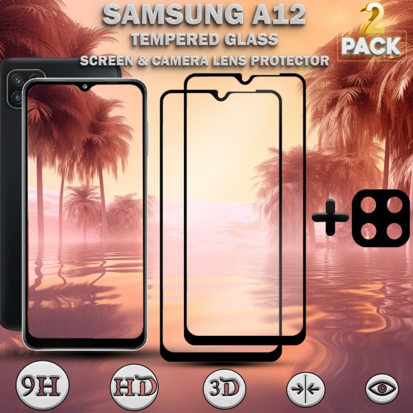 2-Pack Samsung A12 Skärmskydd & 1-Pack linsskydd - Härdat Glas 9H - Super kvalitet 3D
