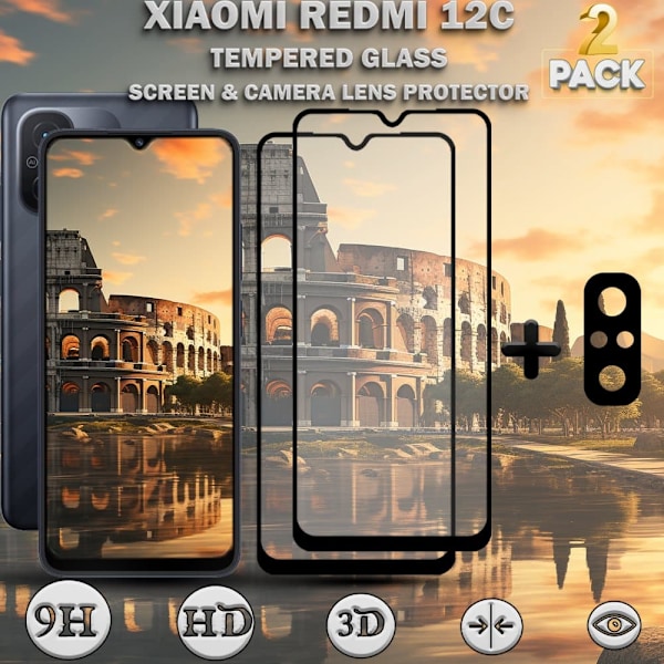 2-Pack XIAOMI REDMI 12C Skærmbeskyttelse & 1-Pack linsebeskyttelse - Hærdet Glas 9H - Super kvalitet 3D