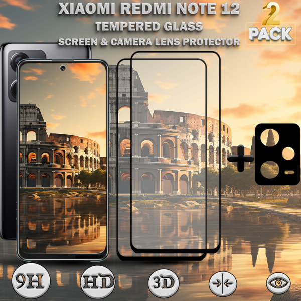 2-Pack Xiaomi Redmi Note 12 Skärmskydd & 1-Pack linsskydd - Härdat Glas 9H - Super kvalitet 3D