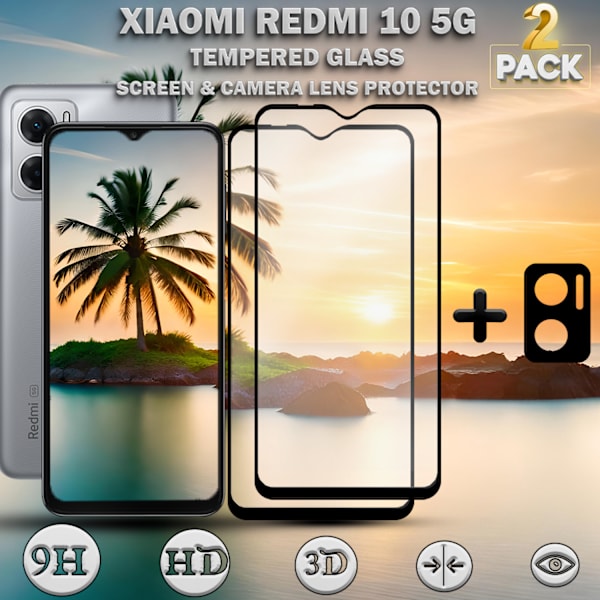 2-Pack Xiaomi Redmi 10 5G & 1-Pack linsskydd - Härdat Glas 9H - Super kvalitet 3D