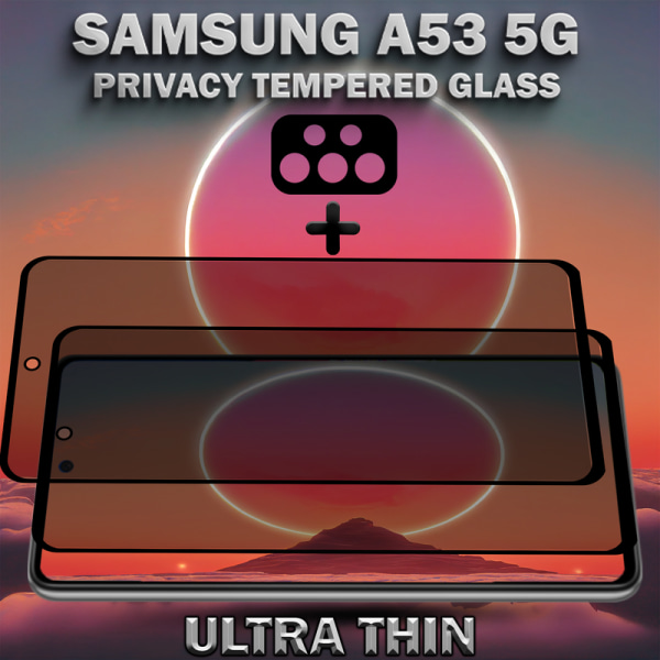 2-Pack Privacy Samsung A53 5G Skärmskydd & 1-Pack linsskydd - Härdat Glas 9H - Super kvalitet 3D