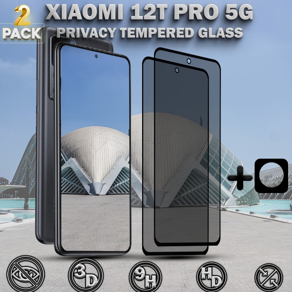 2-Pack Privacy XIAOMI 12T PRO 5G Skärmskydd & 1-Pack linsskydd - Härdat Glas 9H - Super kvalitet 3D