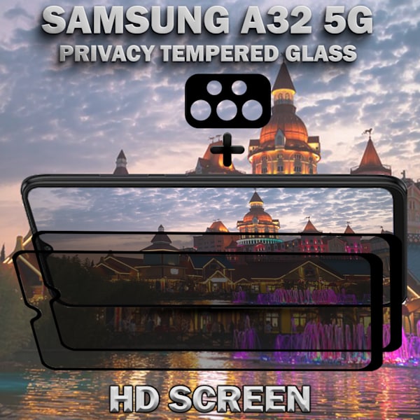 2-Pack Privacy Samsung A32 5G Skärmskydd & 1-Pack linsskydd - Härdat Glas 9H - Super kvalitet 3D