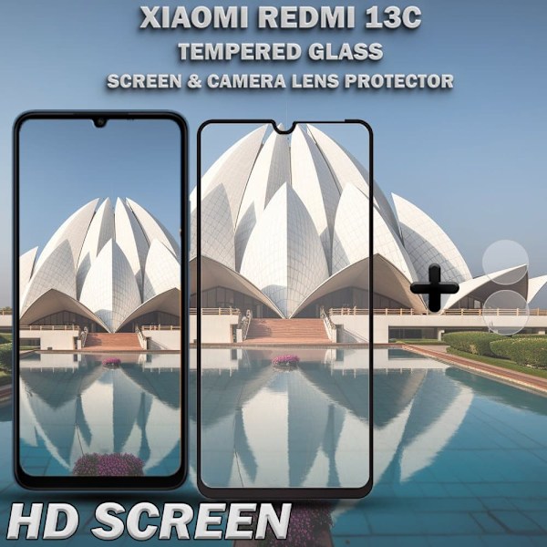 1-Pack XIAOMI REDMI 13C Skærmbeskyttelse & 1-Pack linsebeskyttelse - Hærdet Glas 9H - Super kvalitet 3D