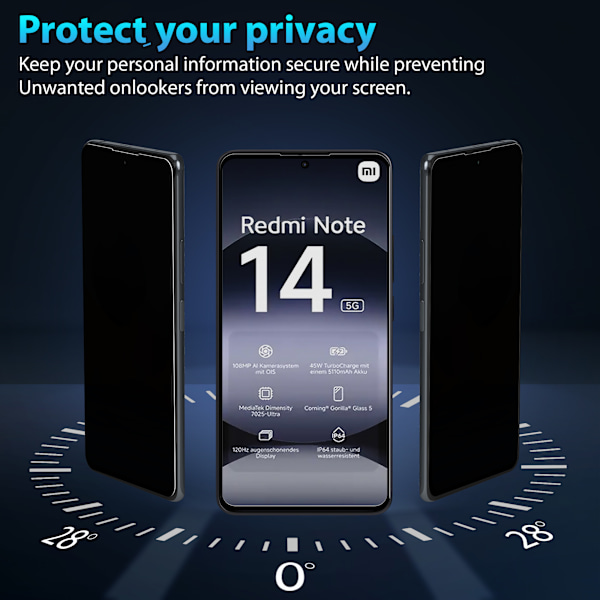 2-Pack Xiaomi Redmi Note 14 Privacy Skærmbeskyttelse & 2-Pack linsebeskyttelse - Hærdet Glas 9H - Super kvalitet 3D