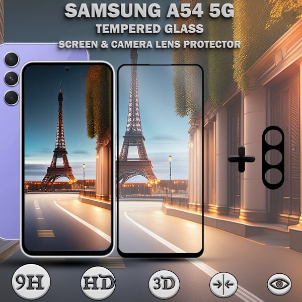 1-Pack Samsung A54 Skärmskydd & 1-Pack linsskydd - Härdat Glas 9H - Super kvalitet 3D