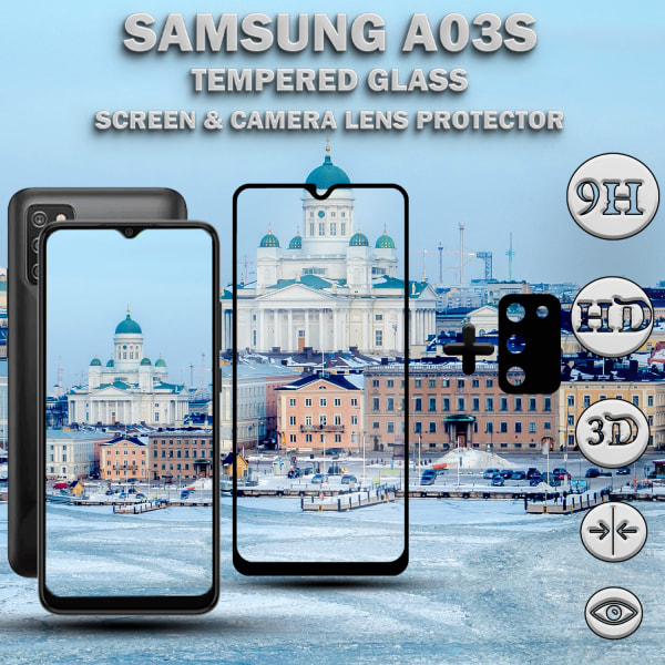 1-Pack Samsung A03s Skärmskydd & 1-Pack linsskydd - Härdat Glas 9H - Super kvalitet 3D