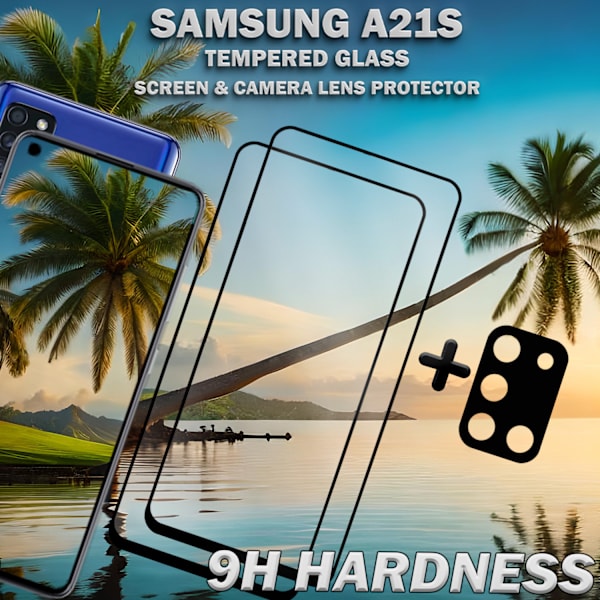 2-Pack Samsung A21s Skärmskydd & 1-Pack linsskydd - Härdat Glas 9H - Super kvalitet 3D