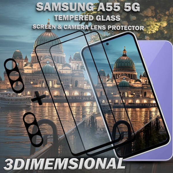 2-Pack SAMSUNG A55 Näytönsuoja & 2-Pack linssinsuoja - Karkaistu Lasi 9H - Super laatu 3D