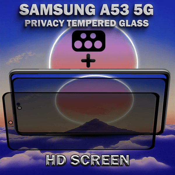 2-Pack Privacy Samsung A53 5G Skärmskydd & 1-Pack linsskydd - Härdat Glas 9H - Super kvalitet 3D