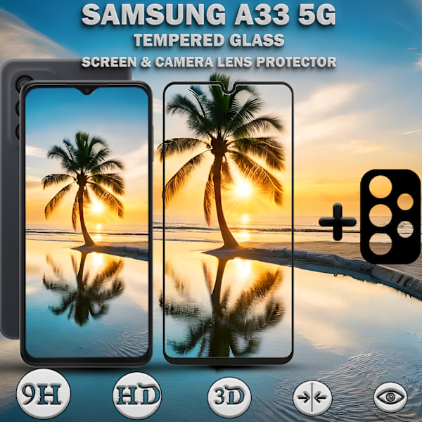 1-Pack SAMSUNG A33 Skærmbeskyttelse & 1-Pack linsebeskyttelse - Hærdet Glas 9H - Super kvalitet 3D