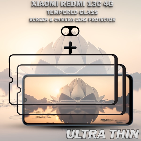 2-Pack XIAOMI REDMI 13C Näytönsuoja & 1-Pack linssinsuoja - Karkaistu Lasi 9H - Super laatu 3D