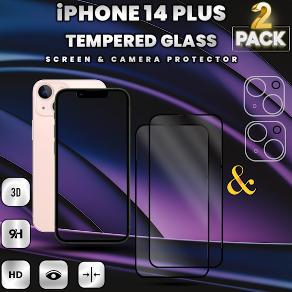 2-Pack IPHONE 14 PLUS Skærmbeskyttelse & 2-Pack linsebeskyttelse - Hærdet Glas 9H - Super kvalitet 3D