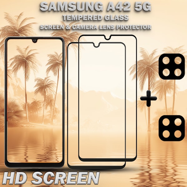 2-Pack Samsung A42 5G Skärmskydd & 2-Pack linsskydd - Härdat Glas 9H - Super kvalitet 3D