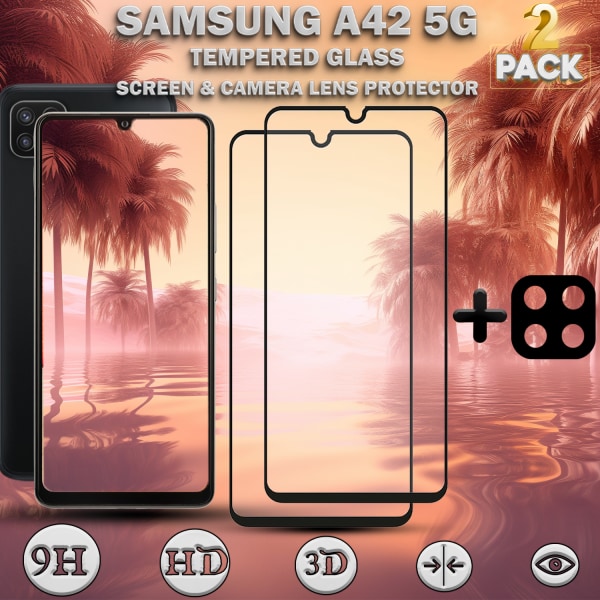 2-Pack Samsung A42 5G Skärmskydd & 1-Pack linsskydd - Härdat Glas 9H - Super kvalitet 3D