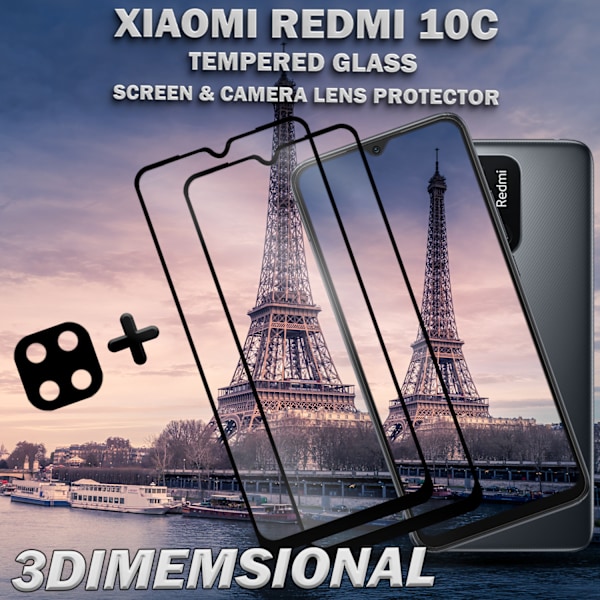 2-Pack Xiaomi Redmi 10C & 1-Pack linsskydd - Härdat Glas 9H - Super kvalitet 3D