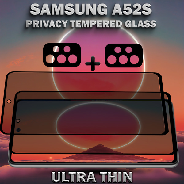 2-Pack Privacy Samsung A52S Skärmskydd & 2-Pack Linsskydd - Härdat Glas 9H - Super kvalitet 3D