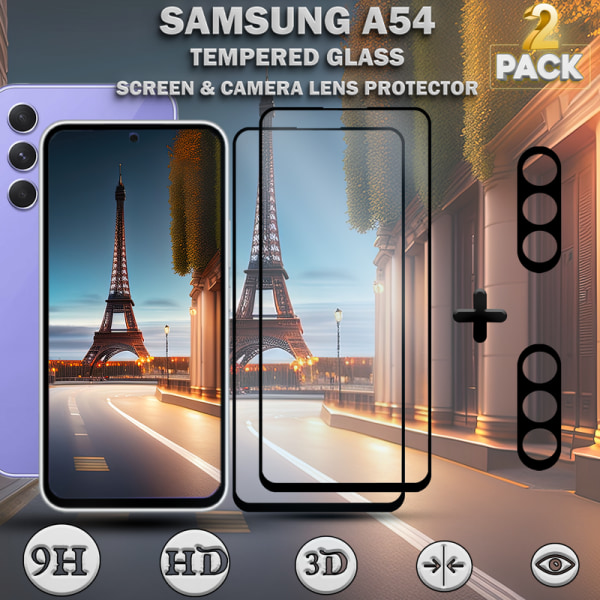 2-Pack Samsung A54 Skärmskydd & 2-Pack linsskydd - Härdat Glas 9H - Super kvalitet 3D