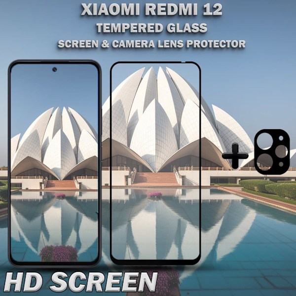 1-Pack XIAOMI REDMI 12 Skærmbeskyttelse & 1-Pack linsebeskyttelse - Hærdet Glas 9H - Super kvalitet 3D