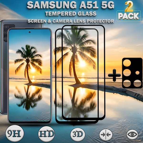 2-Pack SAMSUNG A51 Skærmbeskyttelse & 1-Pack linsebeskyttelse - Hærdet Glas 9H - Super kvalitet 3D