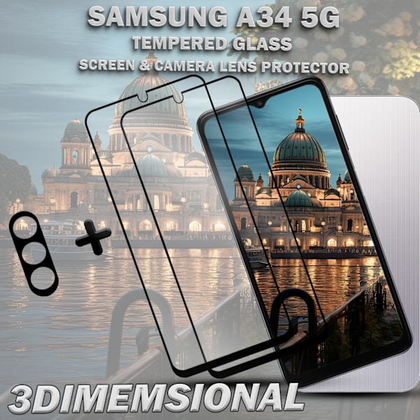 2-Pack SAMSUNG A34 Skærmbeskyttelse & 1-Pack linsebeskyttelse - Hærdet Glas 9H - Super kvalitet 3D