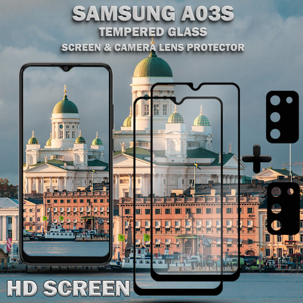 2-Pack SAMSUNG A03S Skærmbeskyttelse & 2-Pack linsebeskyttelse - Hærdet Glas 9H - Super kvalitet 3D