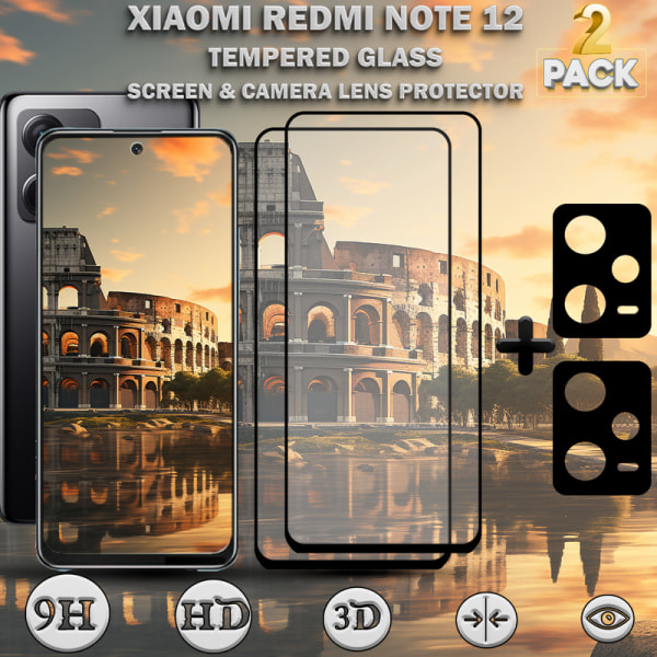 2-Pack Xiaomi Redmi Note 12 Skärmskydd & 2-Pack Linsskydd - Härdat Glas 9H - Super kvalitet 3D