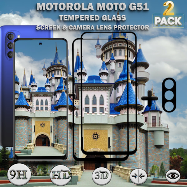 2-Pack MOTOROLA MOTO G51 Skærmbeskyttelse & 1-Pack linsebeskyttelse - Hærdet Glas 9H - Super kvalitet 3D