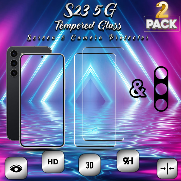 2-Pack Samsung S23 (5G) Skärmskydd & 1-Pack linsskydd - Härdat Glas 9H - Super kvalitet 3D