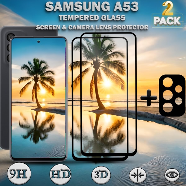 2-Pack Samsung A53 Skärmskydd & 1-Pack linsskydd - Härdat Glas 9H - Super kvalitet 3D