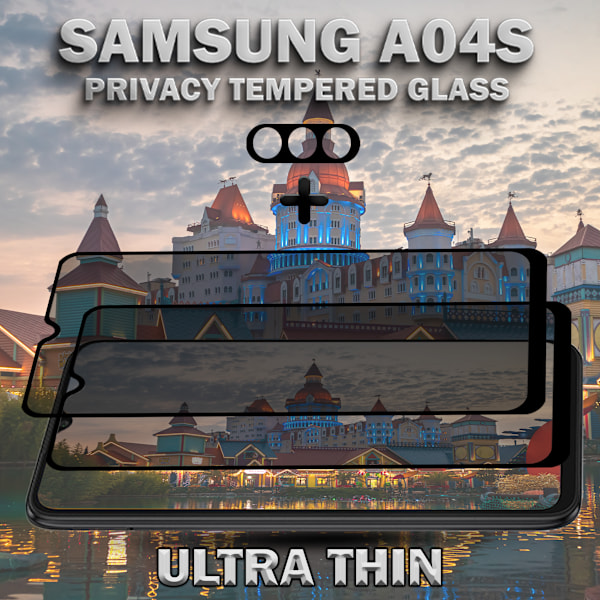 2-Pack Privacy Samsung A04S Skärmskydd & 1-Pack linsskydd - Härdat Glas 9H - Super kvalitet 3D