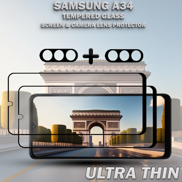 2-Pack SAMSUNG A34 Skærmbeskyttelse & 2-Pack linsebeskyttelse - Hærdet Glas 9H - Super kvalitet 3D