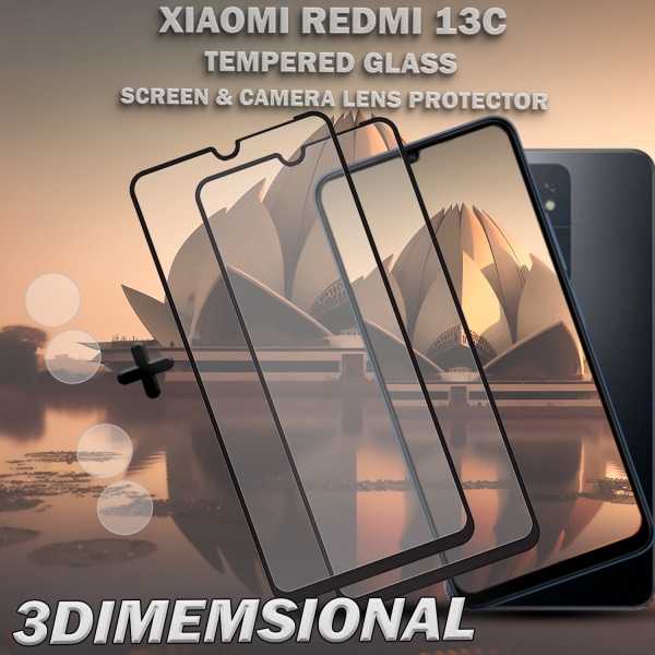 2-Pack XIAOMI REDMI 13C Skärmskydd & 2-Pack linsskydd - Härdat Glas 9H - Super kvalitet 3D