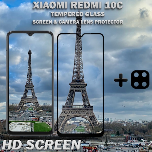1-Pack XIAOMI REDMI 10C Skærmbeskyttelse & 1-Pack linsebeskyttelse - Hærdet Glas 9H - Super kvalitet 3D