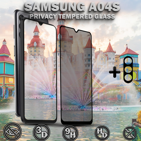 1-Pack Privacy Samsung A04S Skärmskydd & 1-Pack linsskydd - Härdat Glas 9H - Super kvalitet 3D