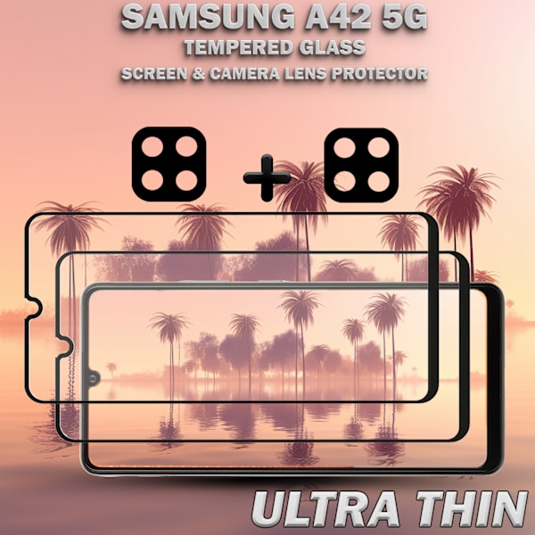 2-Pack Samsung A42 5G Skärmskydd & 2-Pack linsskydd - Härdat Glas 9H - Super kvalitet 3D