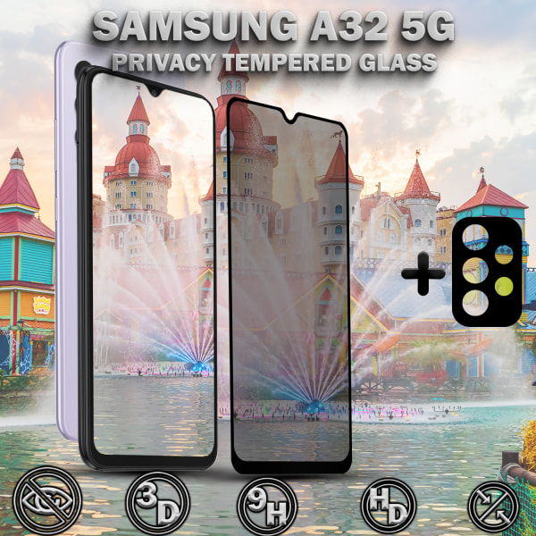 1-Pack Privacy Samsung A32 (5G) Skärmskydd & 1-Pack linsskydd - Härdat Glas 9H - Super kvalitet 3D