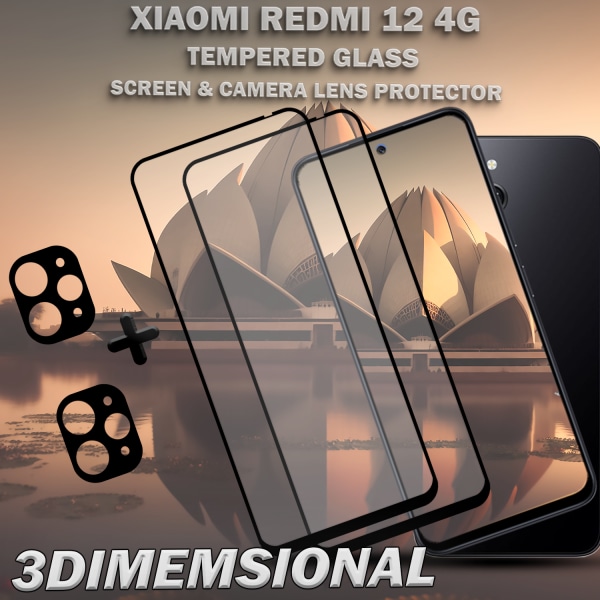 2-Pack XIAOMI REDMI 12 4G Skärmskydd & 2-Pack linsskydd - Härdat Glas 9H - Super kvalitet 3D