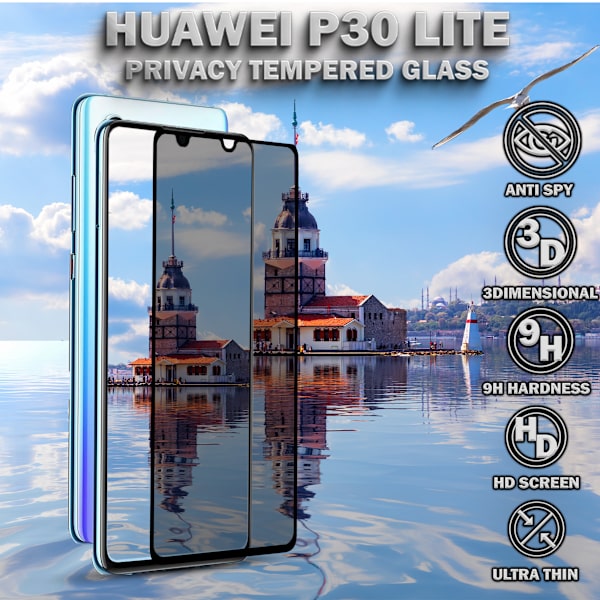 1-Pack Privacy Skärmskydd For Huawei P30 Lite - Härdat Glas 9H - Super Kvalitet 3D