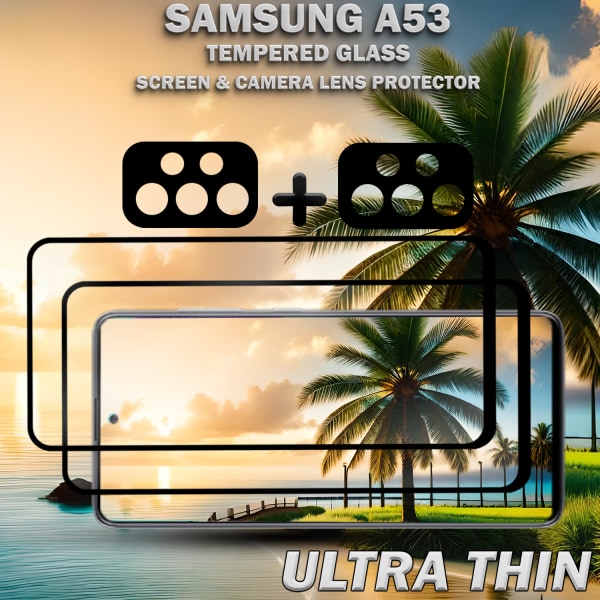 2-Pack Samsung A53 Skärmskydd & 2-Pack linsskydd - Härdat Glas 9H - Super kvalitet 3D