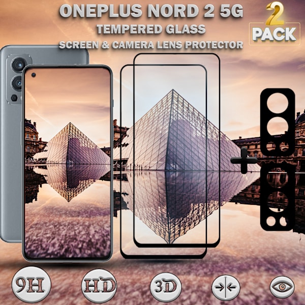 2-Pack OnePlus Nord 2 5G & 2-Pack linsskydd - Härdat Glas 9H - Super kvalitet 3D