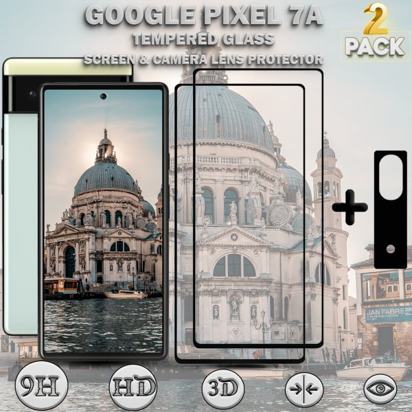 2-Pack GOOGLE PIXEL 7A Skärmskydd & 1-Pack linsskydd - Härdat Glas 9H - Super kvalitet 3D